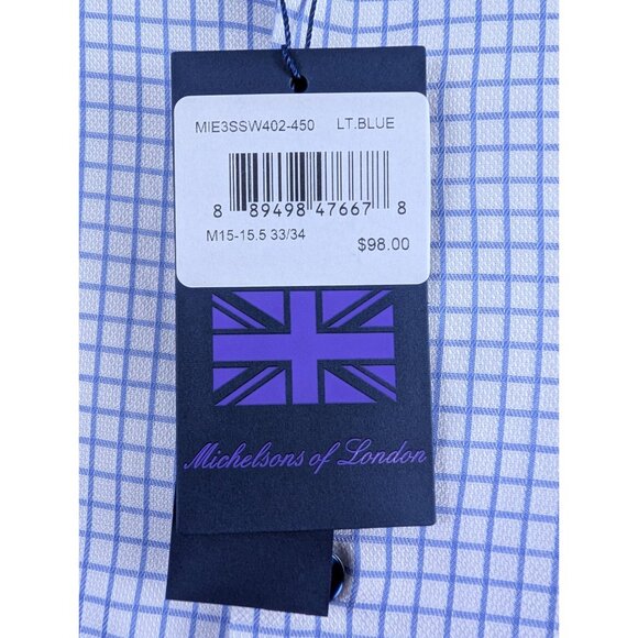 Michelsons of London Men's Medium Regular-Fit Blue Check Dress Shirt Long Sleeve - Picture 7 of 15